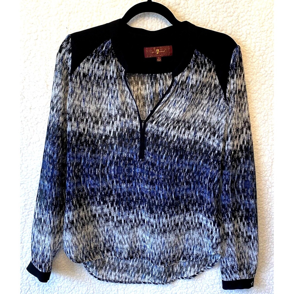 7‎ For All Mankind Blouse Womens Small Blue Black Abstract Sheer Split Neck Top
